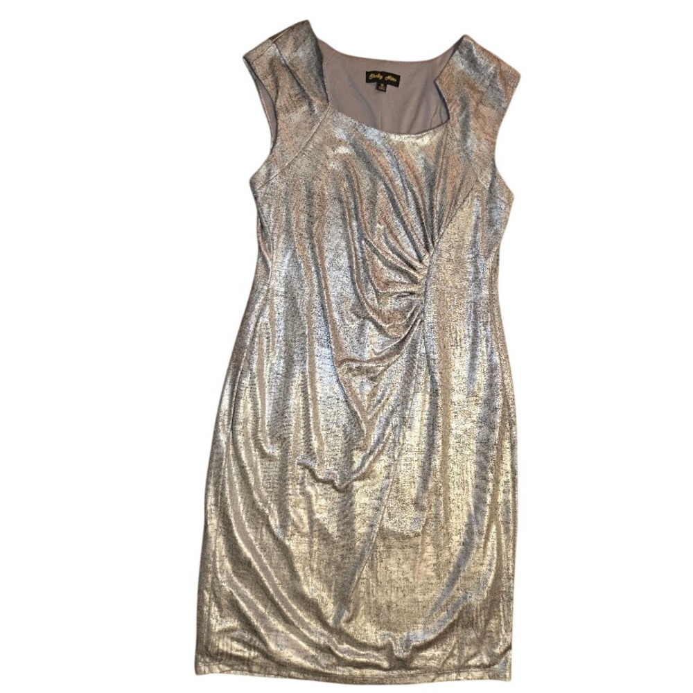 Shelby Nites Womens Metallic Gold Neutral Ruched Sheath Cocktail Dress Size 14